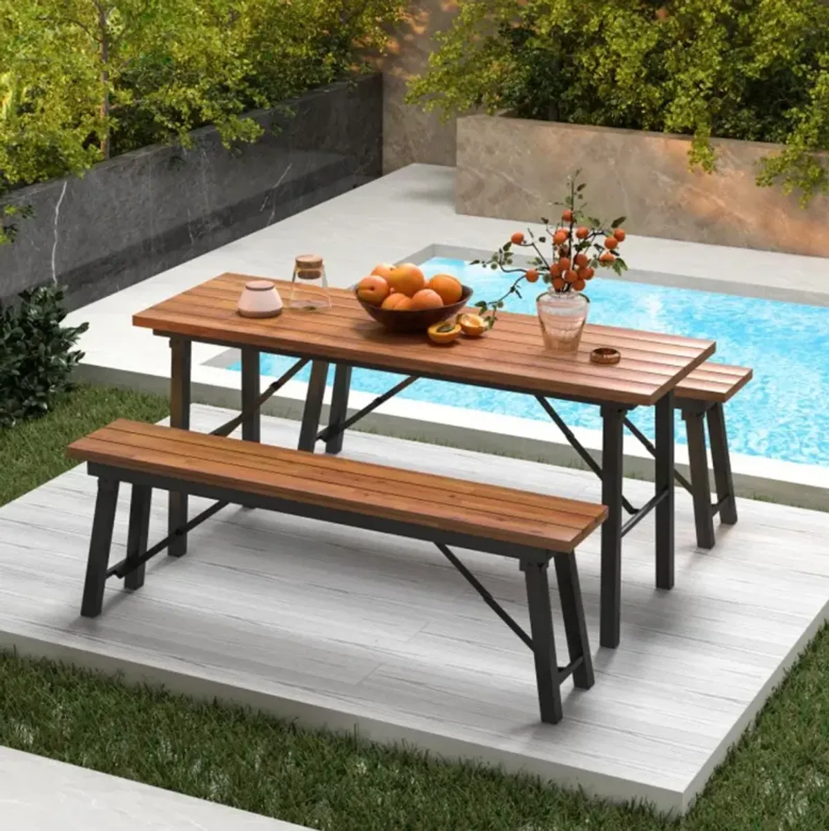 Hivvago Outdoor Dining Table and Bench Set with Acacia Wood Top for Yard Garden Poolside