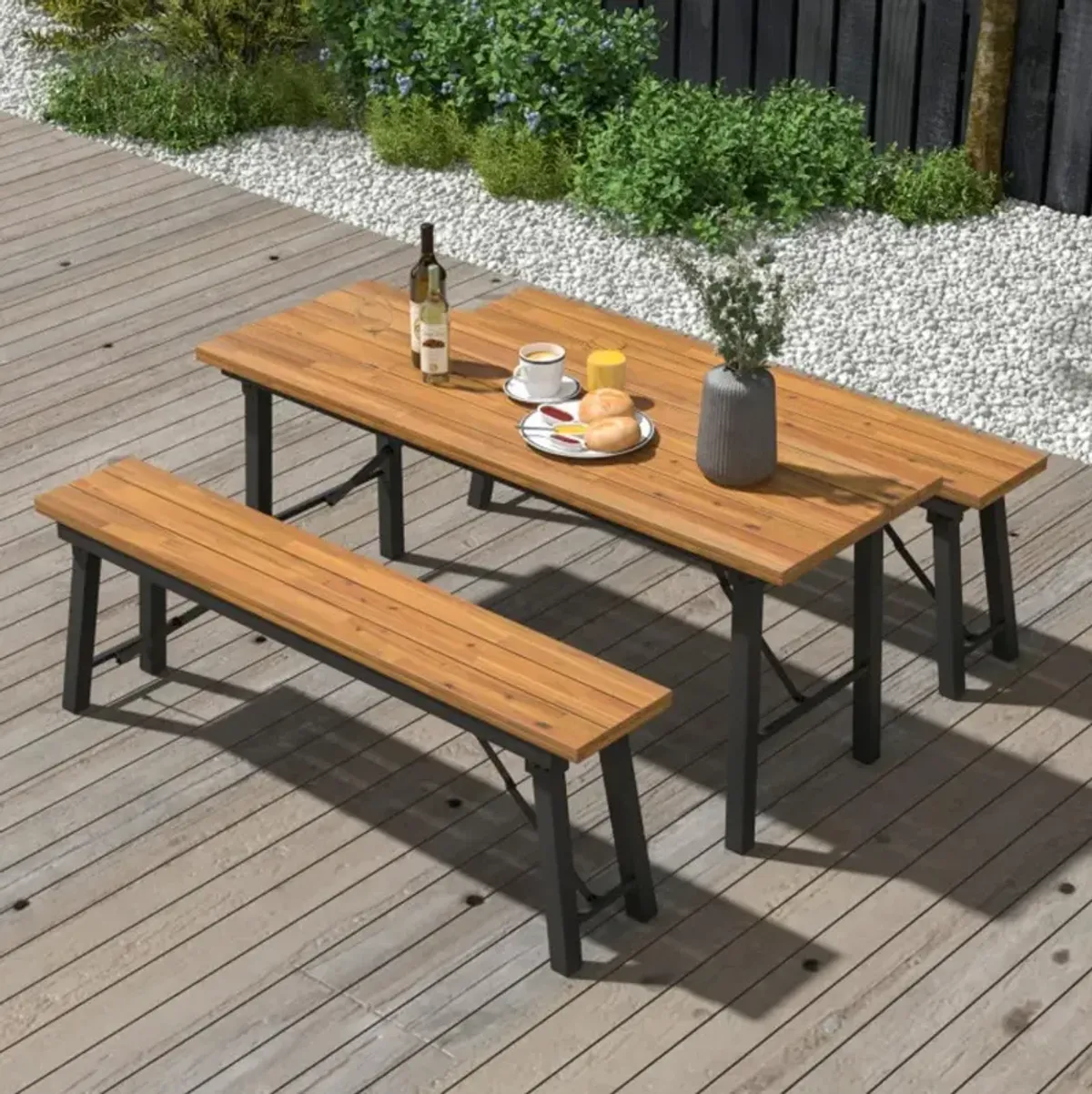 Hivvago Outdoor Dining Table and Bench Set with Acacia Wood Top for Yard Garden Poolside