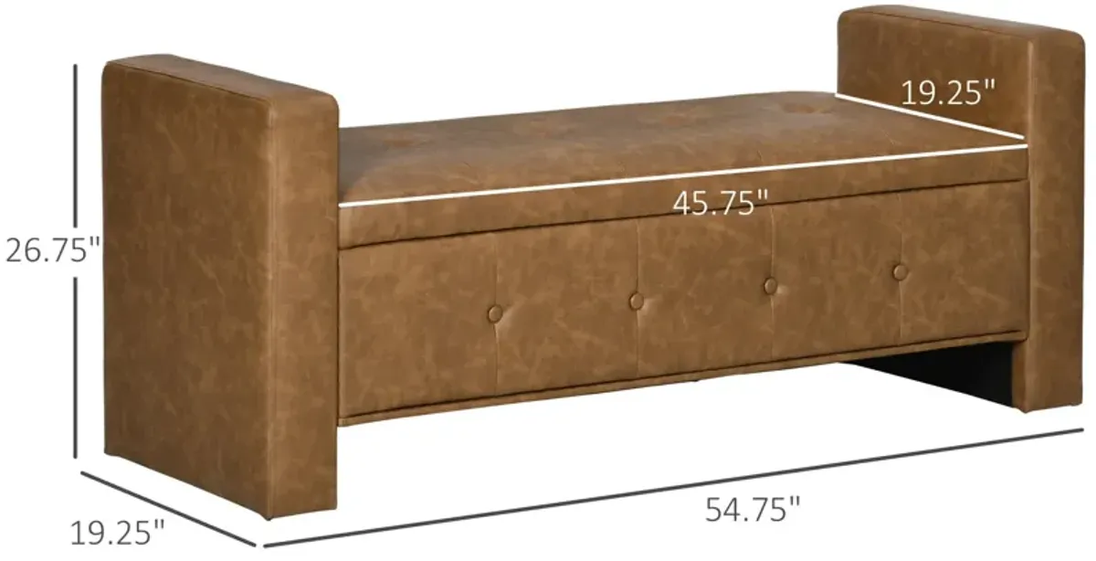 Brown Leather Ottoman: Rectangular Storage Bench with Tufted Lid