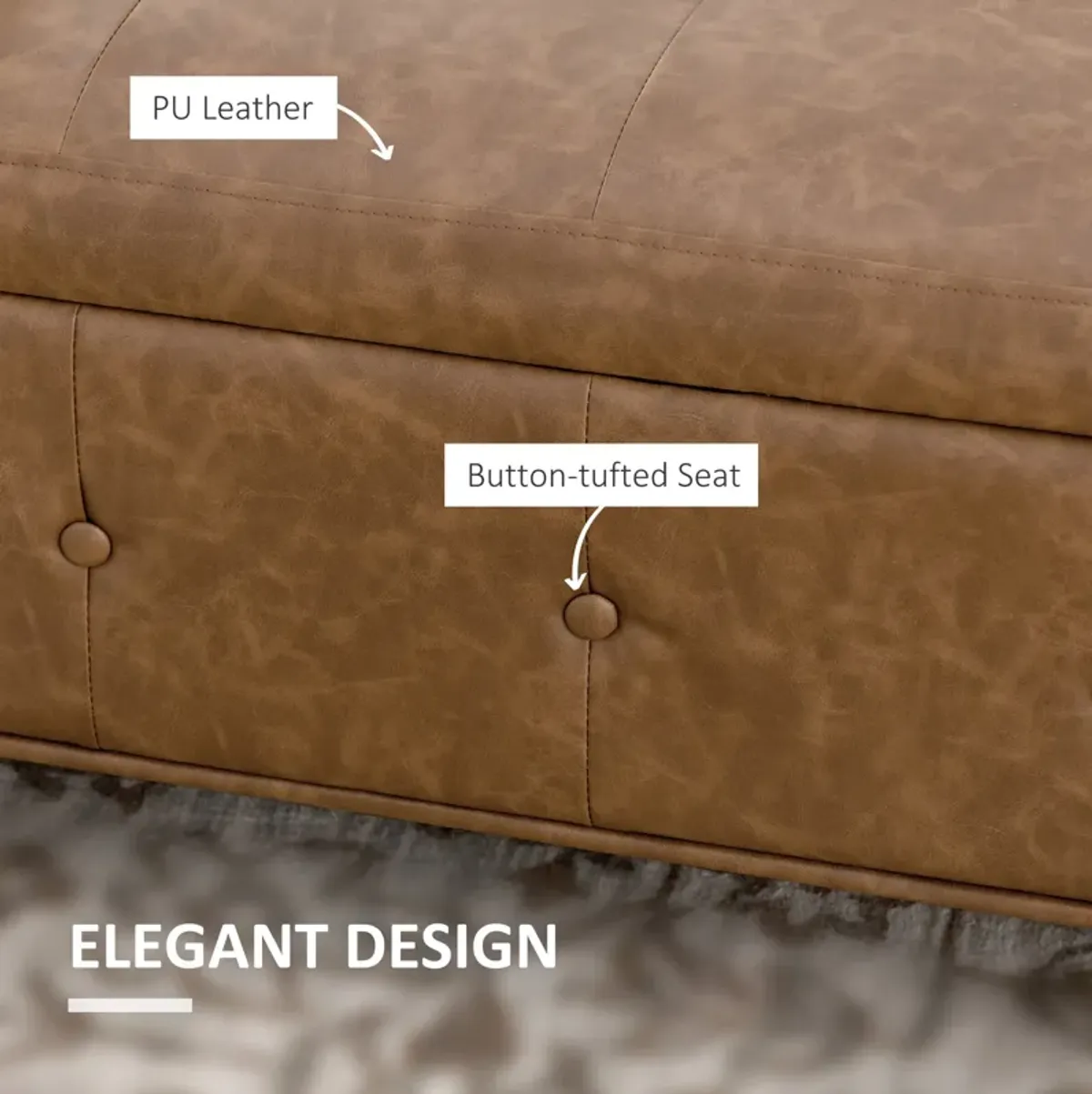 Brown Leather Ottoman: Rectangular Storage Bench with Tufted Lid