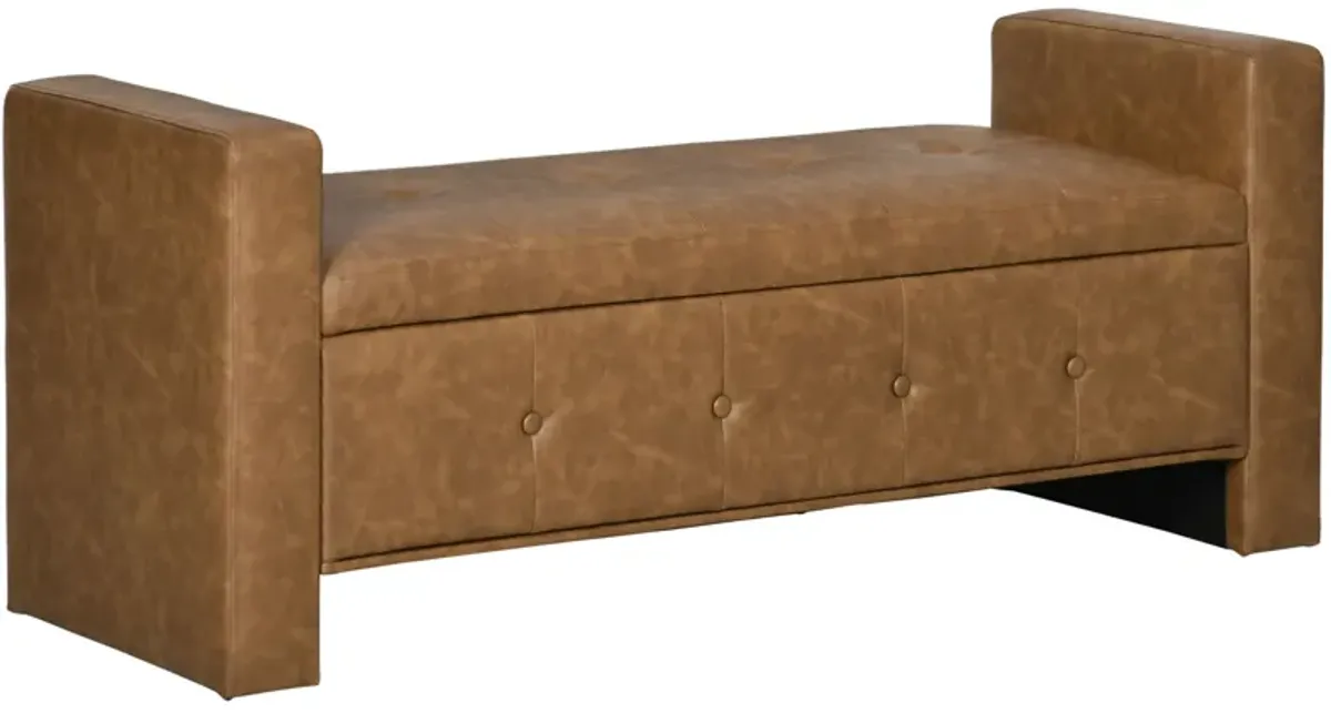 Brown Leather Ottoman: Rectangular Storage Bench with Tufted Lid