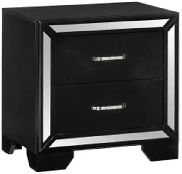 Aisha 24 Inch 2 Drawer Nightstand, Embossed Front, Mirror Trim, Black Wood-Benzara
