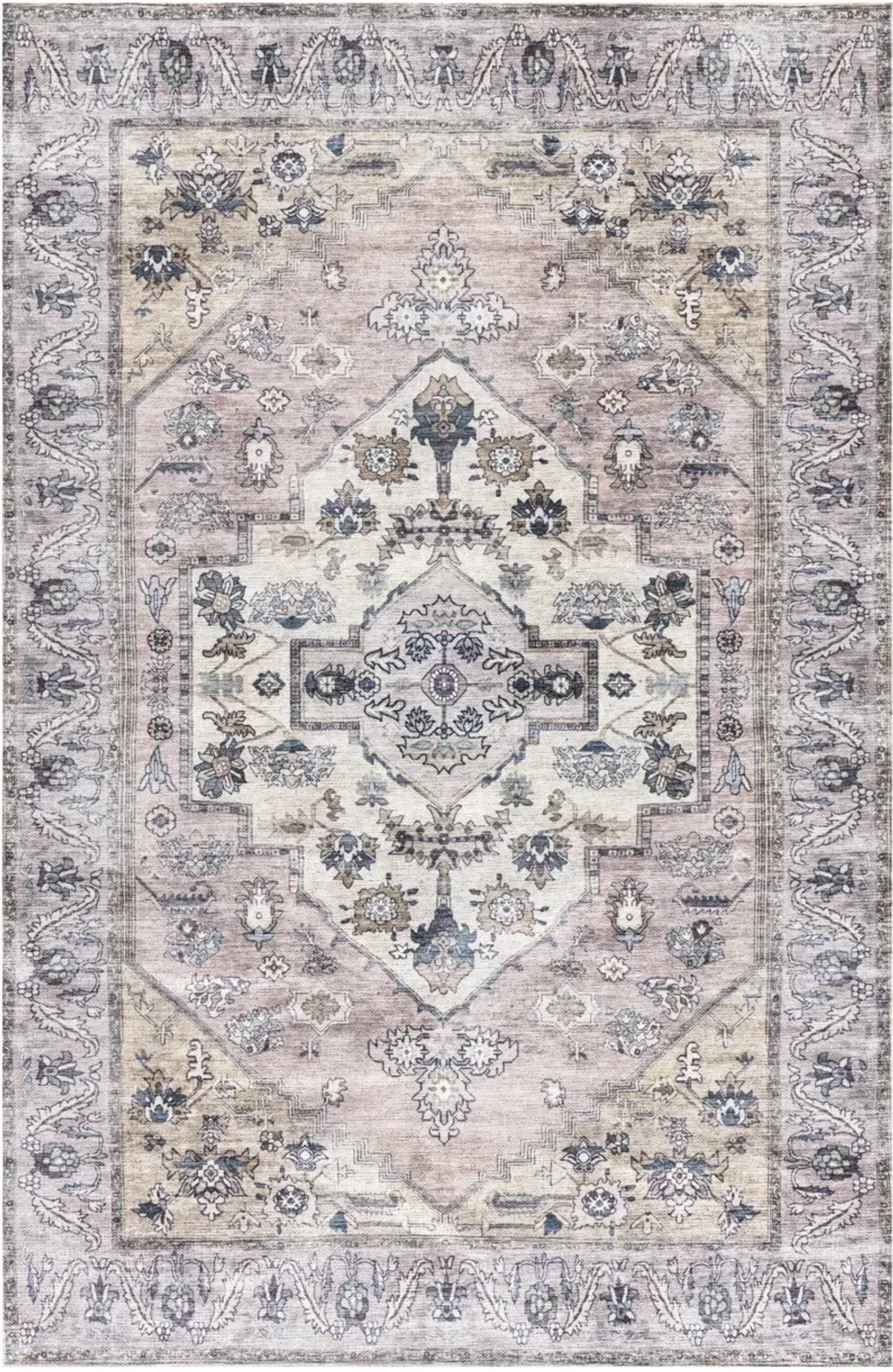 4 x 6 Pink and Blue Oriental Power Loom Distressed Washable Non Skid Area Rug