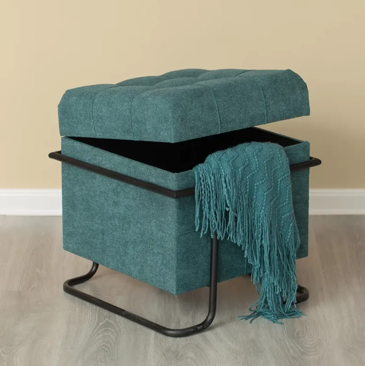 Square Fabric Storage Ottoman with Black Metal Frame, Yellow