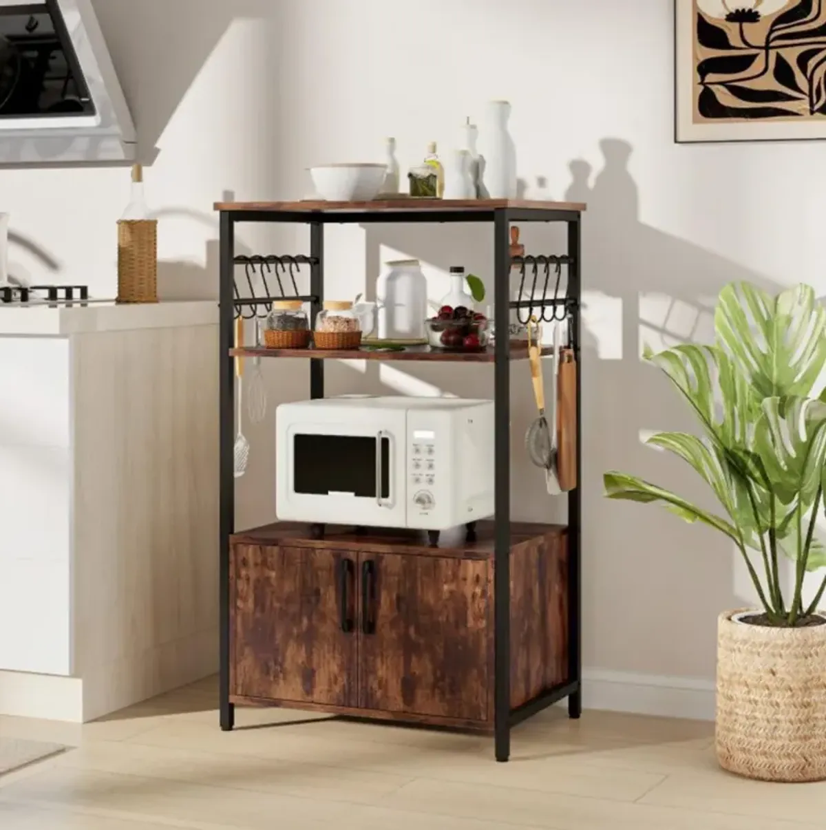 3-Tier Kitchen Baker's Rack with Cabinet and 2 Open Shelves, Brown Finish