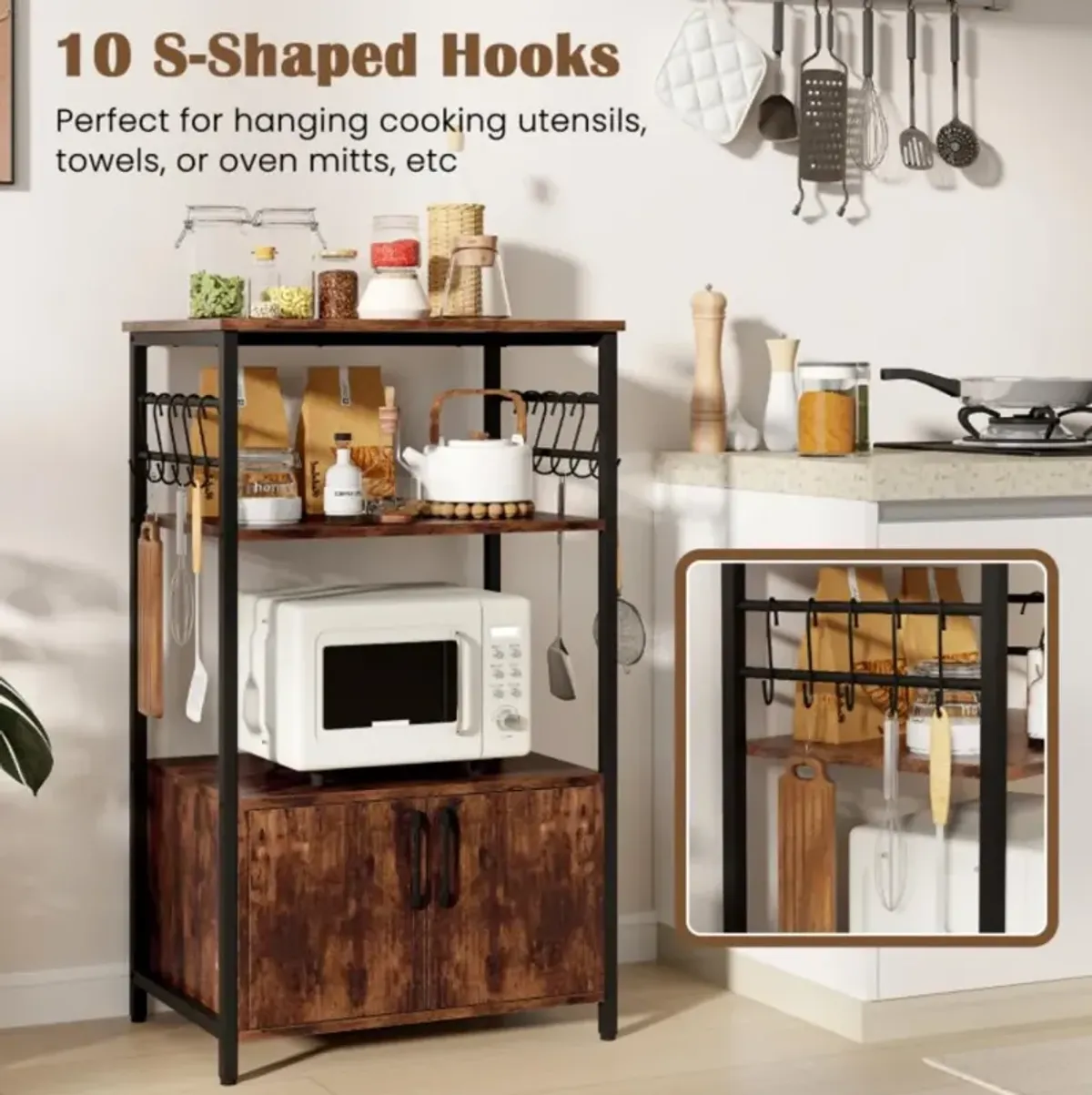 3-Tier Kitchen Baker's Rack with Cabinet and 2 Open Shelves, Brown Finish