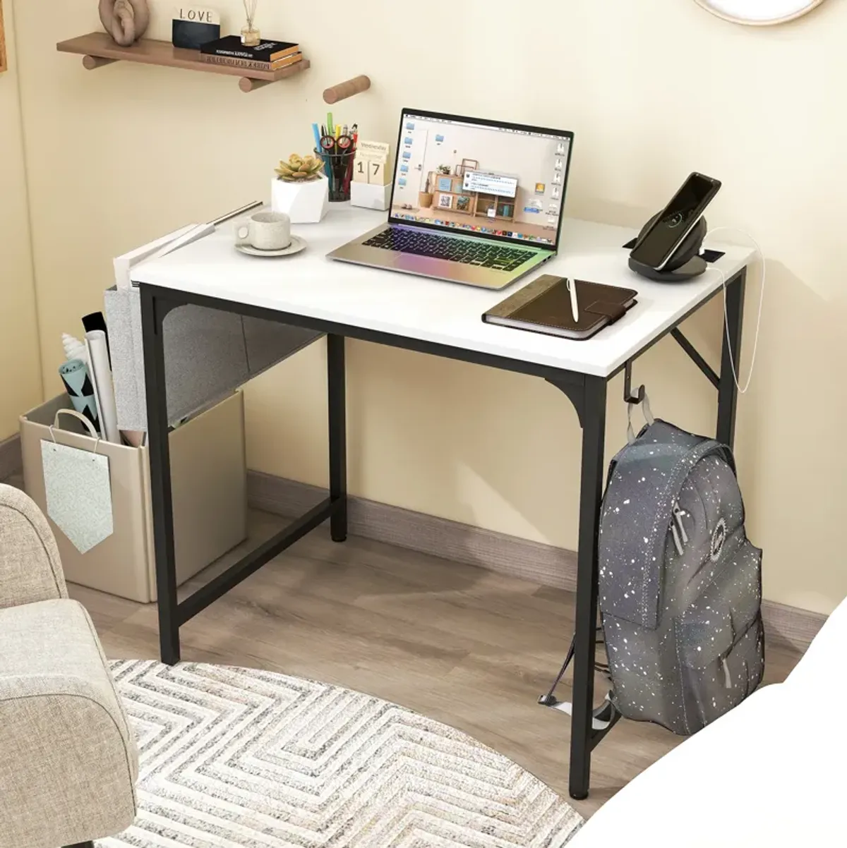 32-Inch Home Office Desk with Charging Station, Storage Bag, and Headphone Hook for Workspace Organization