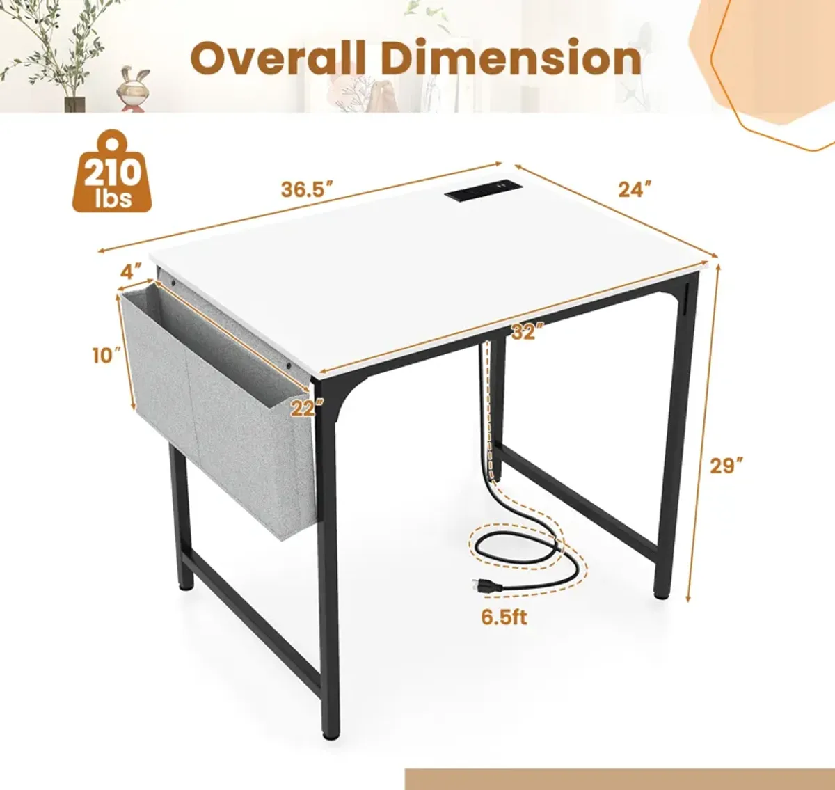 32-Inch Home Office Desk with Charging Station, Storage Bag, and Headphone Hook for Workspace Organization