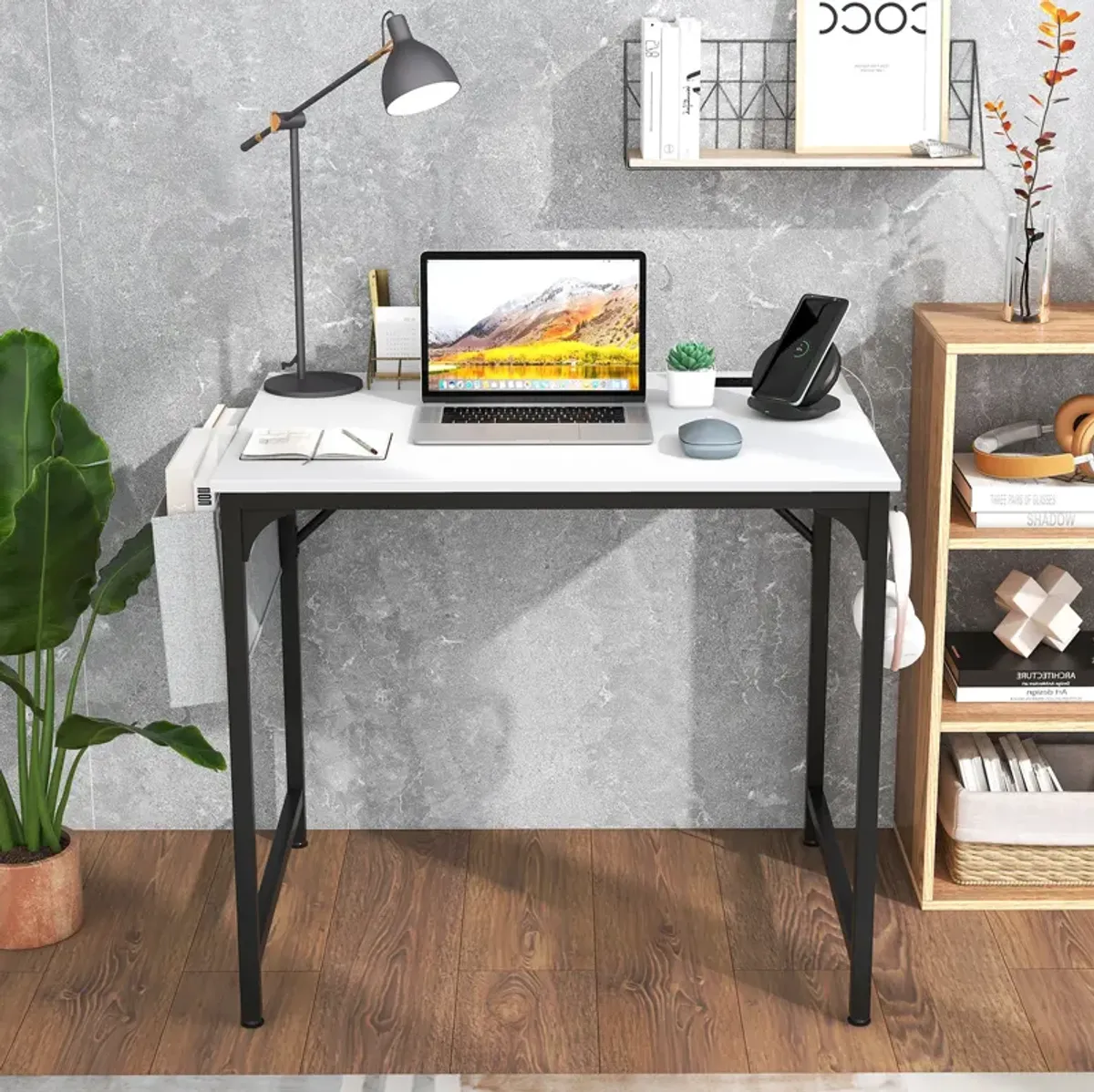 32-Inch Home Office Desk with Charging Station, Storage Bag, and Headphone Hook for Workspace Organization