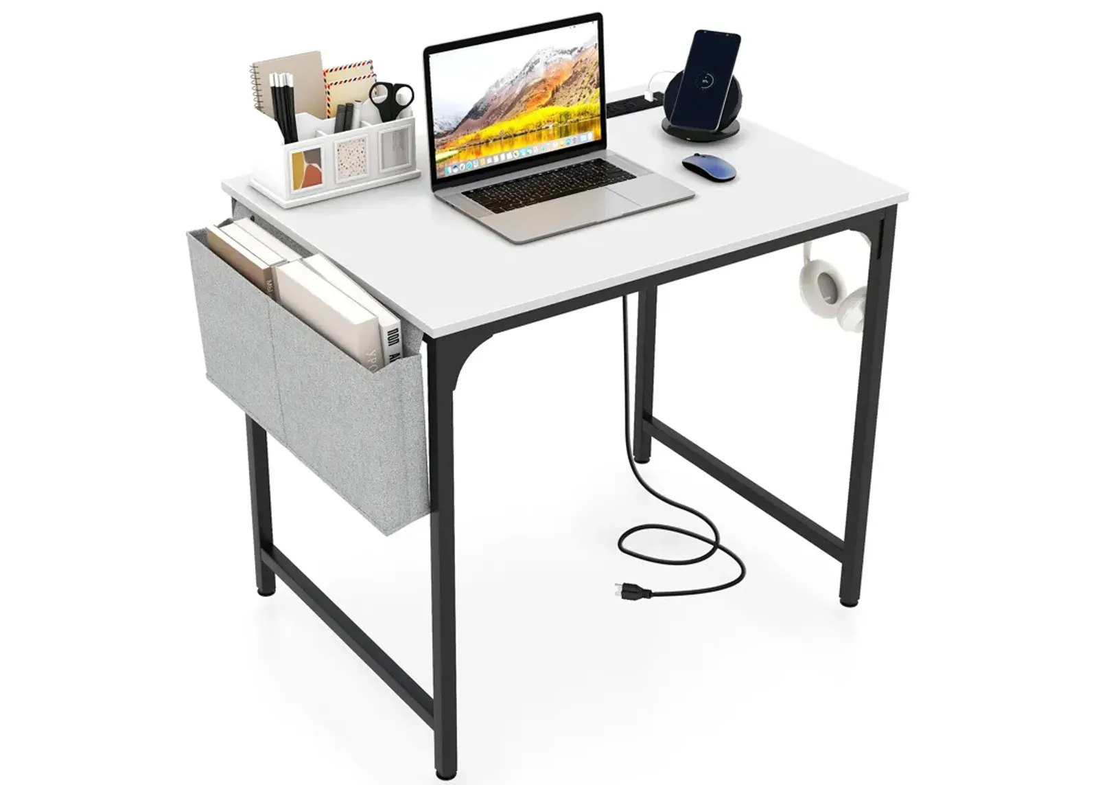 32-Inch Home Office Desk with Charging Station, Storage Bag, and Headphone Hook for Workspace Organization