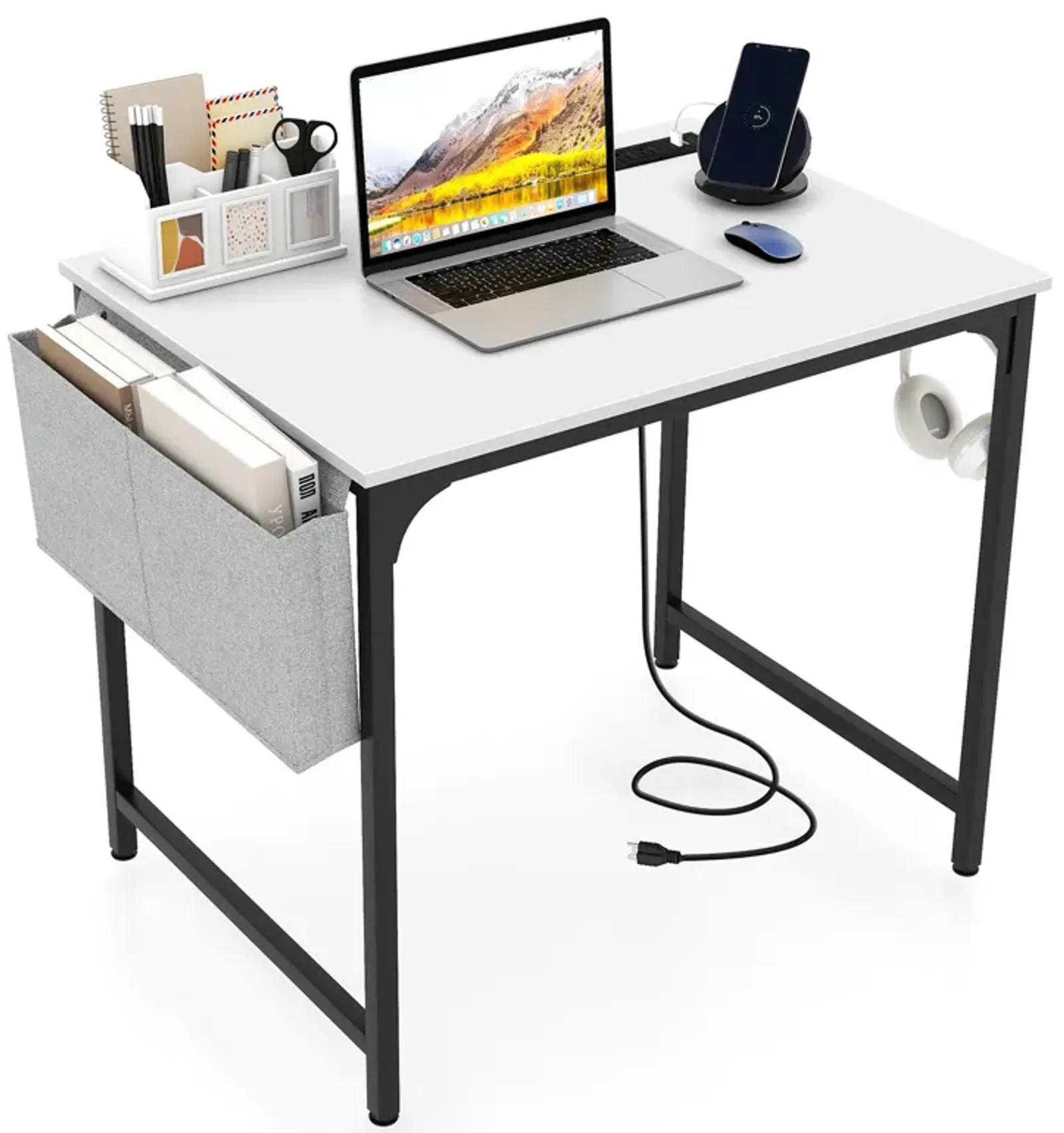 32-Inch Home Office Desk with Charging Station, Storage Bag, and Headphone Hook for Workspace Organization