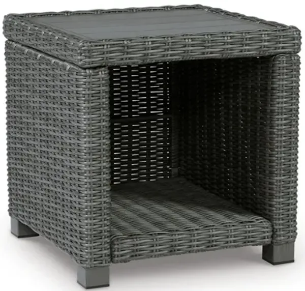 Ellie 23 Inch Outdoor End Table, Lower Shelf, Gray Resin Wicker, Metal - Benzara
