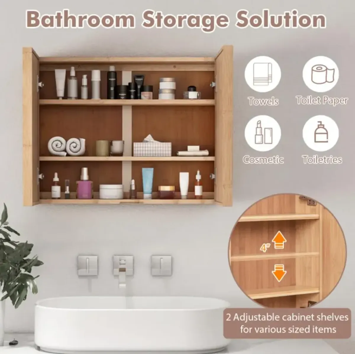 Hivvago Double Door Bathroom Wall Cabinet with Mirror and  Adjustable Shelves