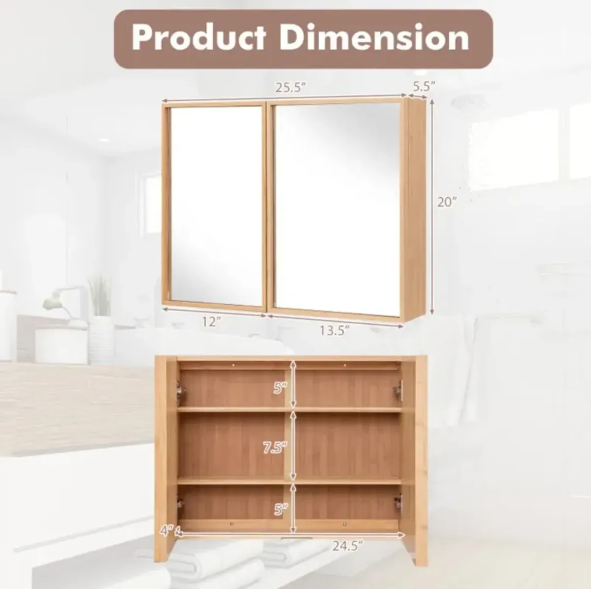 Hivvago Double Door Bathroom Wall Cabinet with Mirror and  Adjustable Shelves