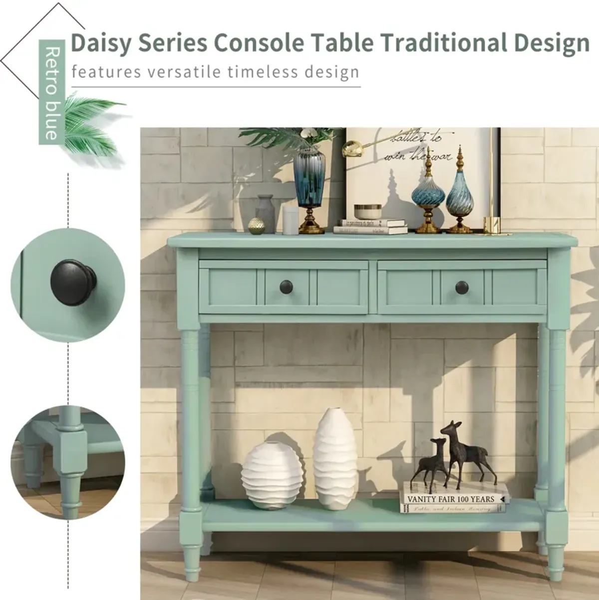 Daisy Series Console Table Traditional Design with Two Drawers and Bottom Shelf Acacia Mangium (Retro blue)