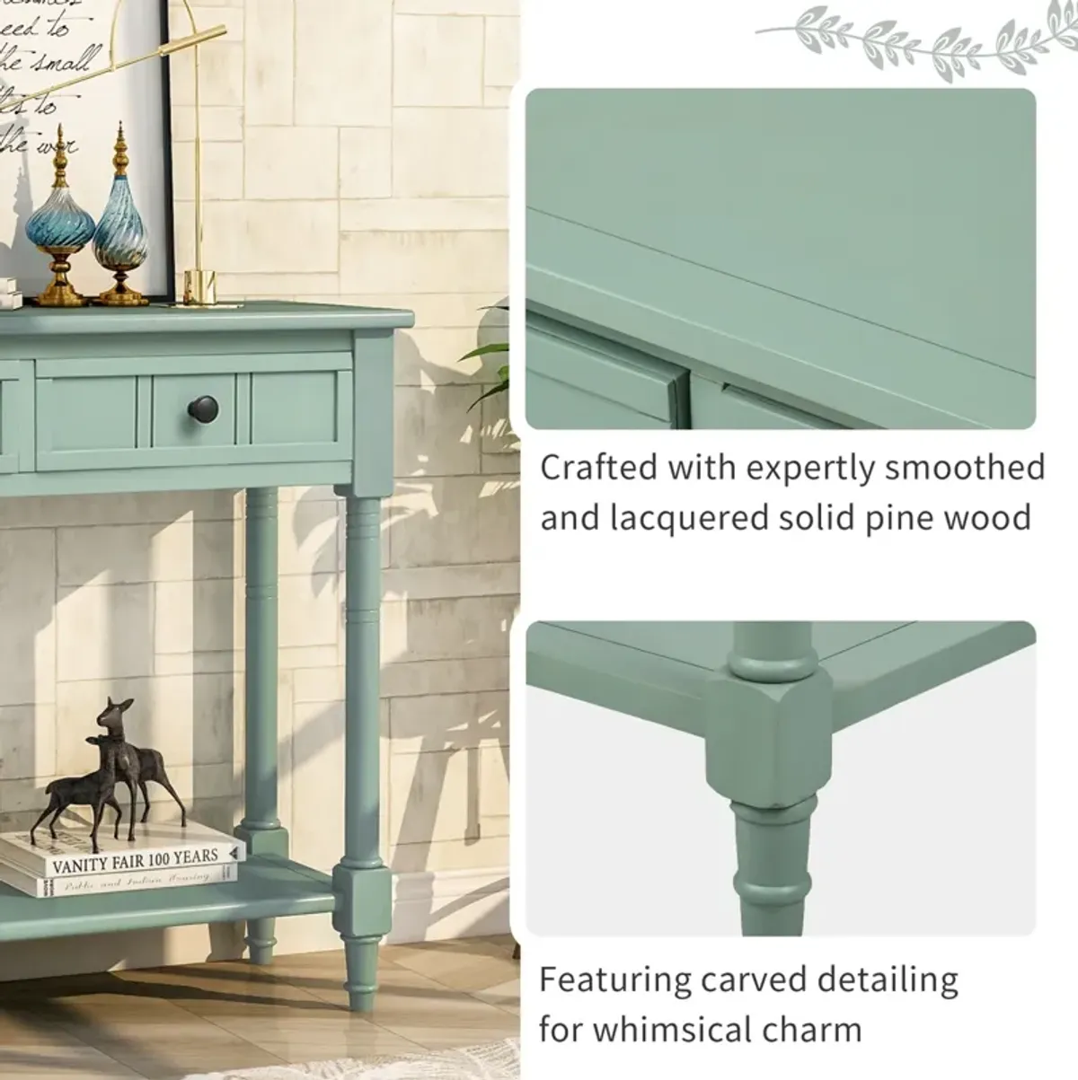 Daisy Series Console Table Traditional Design with Two Drawers and Bottom Shelf Acacia Mangium (Retro blue)