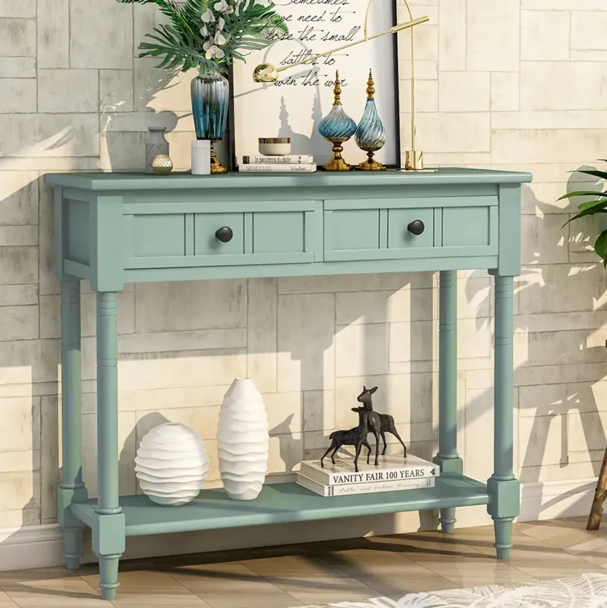 Daisy Series Console Table Traditional Design with Two Drawers and Bottom Shelf Acacia Mangium (Retro blue)