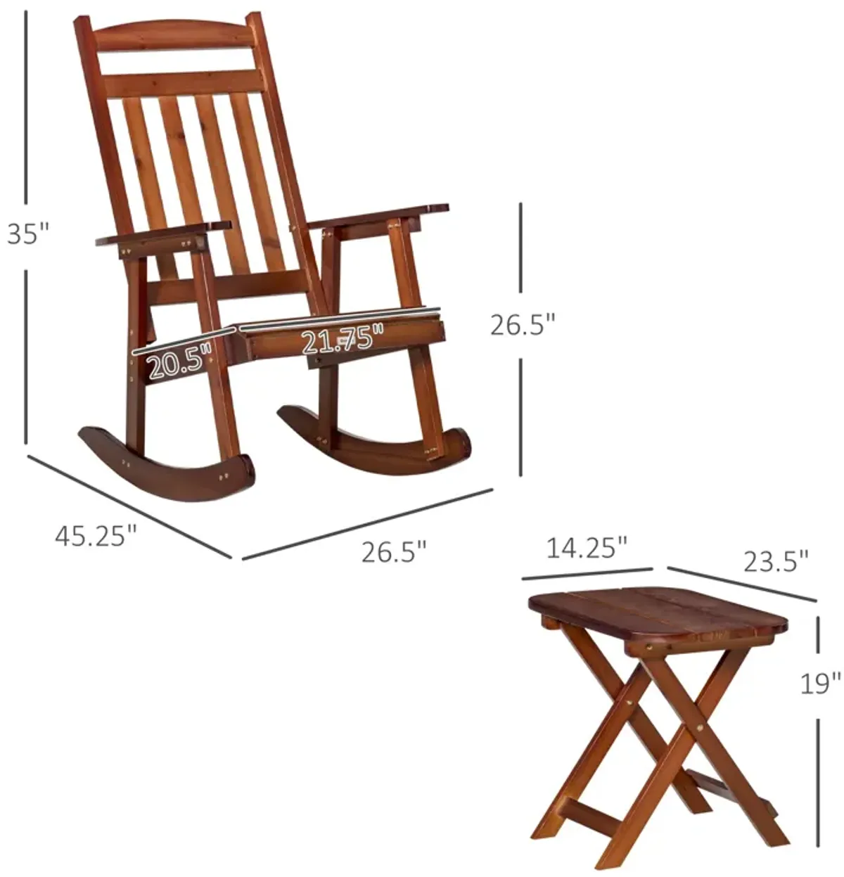 Brown Outdoor Relaxation: 2-Piece Wooden Rockers with Side Table