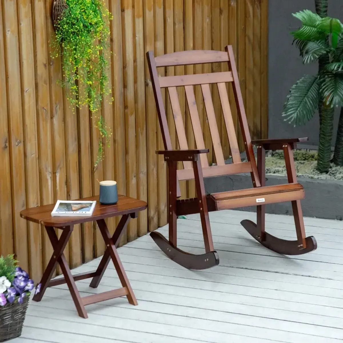 Brown Outdoor Relaxation: 2-Piece Wooden Rockers with Side Table