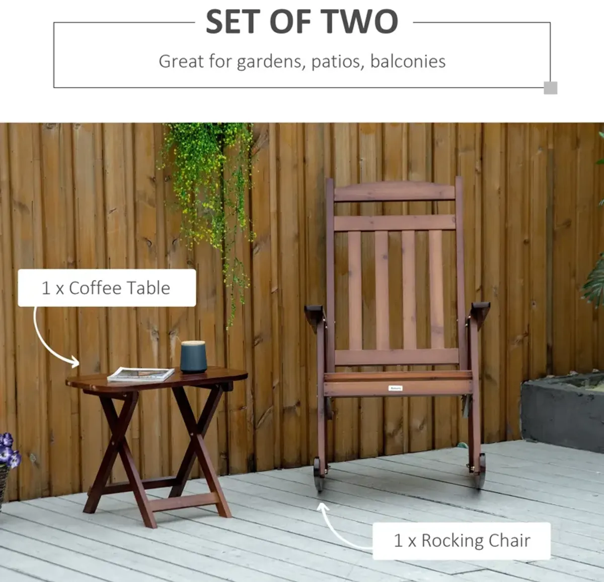 Brown Outdoor Relaxation: 2-Piece Wooden Rockers with Side Table