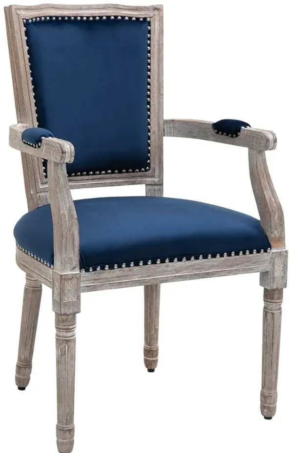 Blue Velvet Dining Chair: Vintage High Back Chair with Armrests, Solid Wood Legs