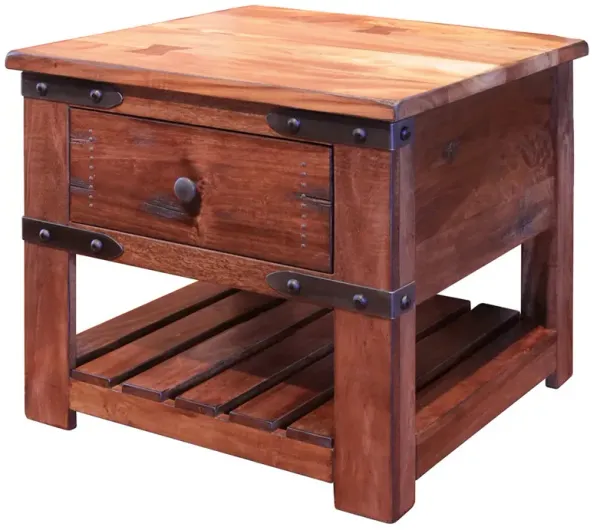 Benjara Umey 27 Inch 1 Drawer End Table, Slatted Shelf, Belt Accents, Wood, Brown and Black