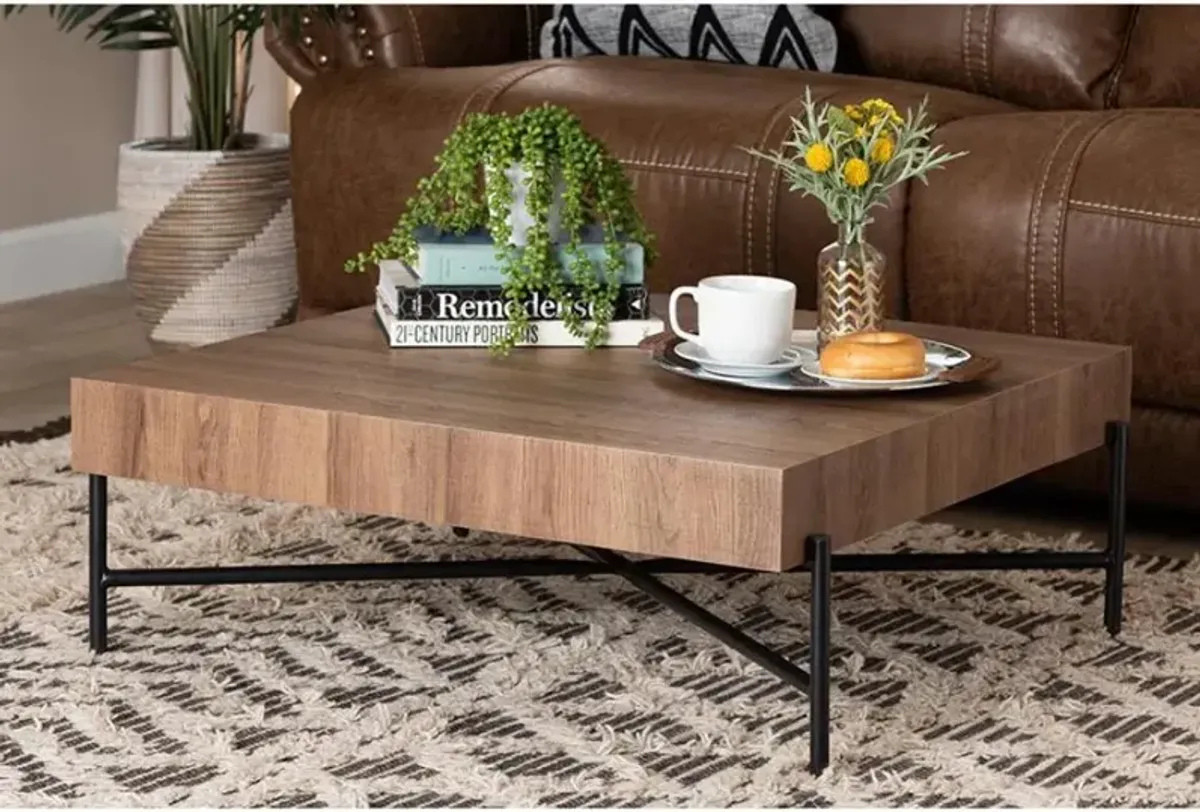 Savion Modern Industrial Walnut Brown Finished Wood and Black Metal Coffee Table