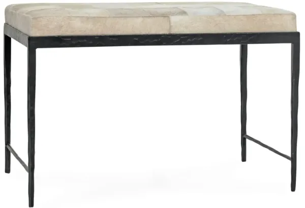 Leif Ottoman Bench with Ivory Patchwork Leather Hide, Iron 28 Inch - Benzara