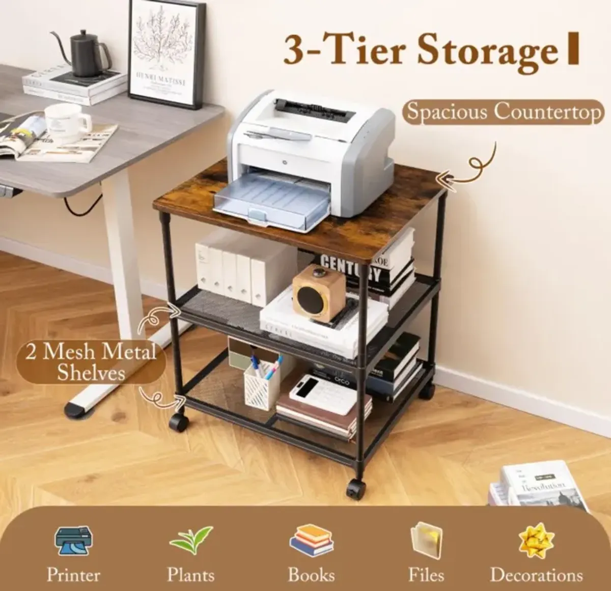 Hivvago 3 Tier Printer Stand Rolling Fax Cart with Adjustable Shelf and Swivel Wheels