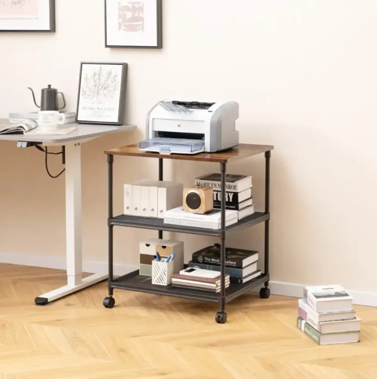 Hivvago 3 Tier Printer Stand Rolling Fax Cart with Adjustable Shelf and Swivel Wheels