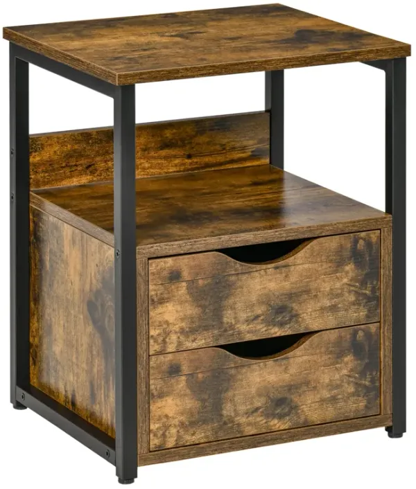HOMCOM Industrial Side Table, End Table with Storage Shelf and 2 Drawers, Accent Bedside Table with Metal Frame for Living Room, Brown