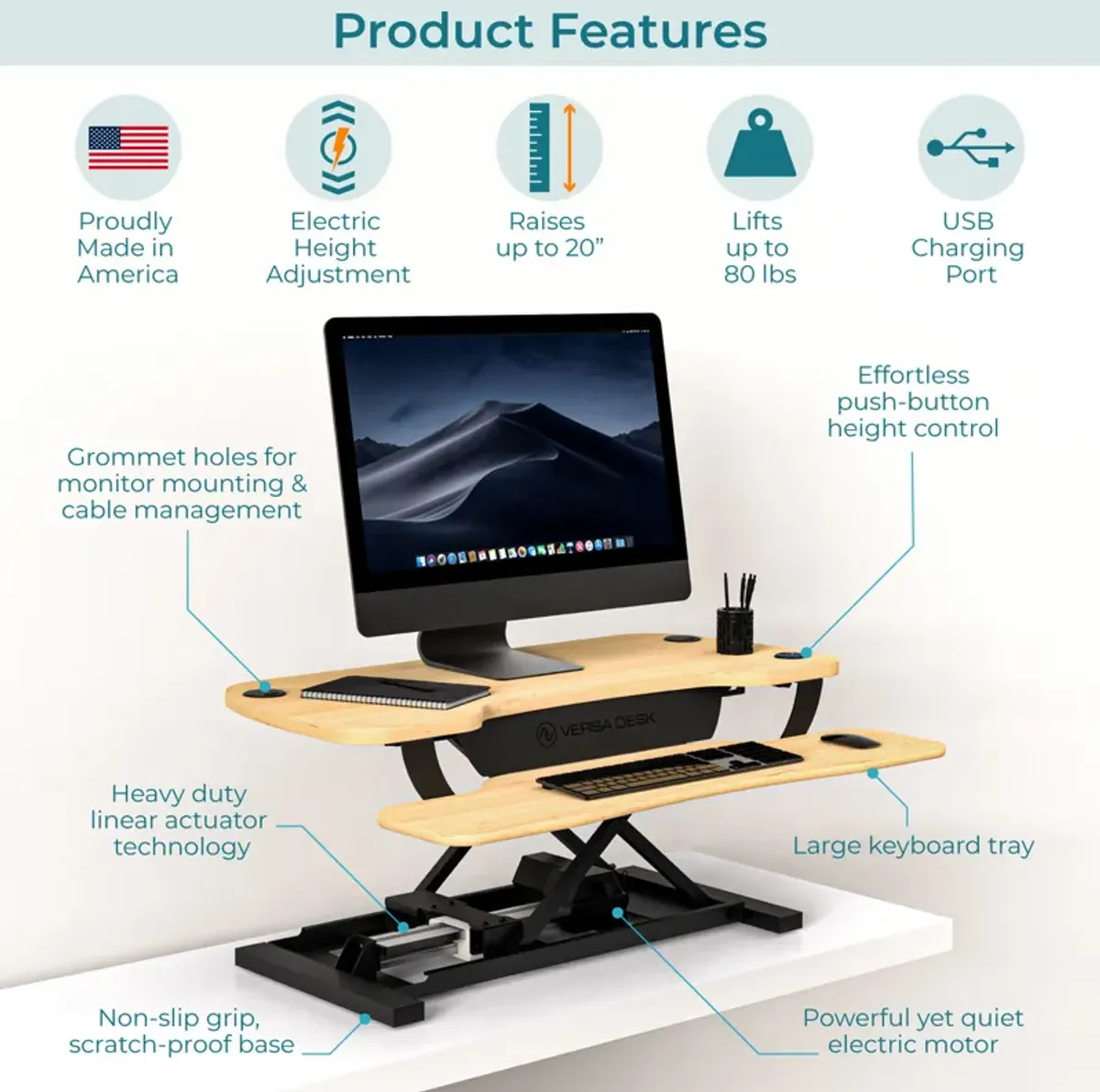 VersaDesk PowerPro® 36"W Electric Adjustable Standing Desk Converter, Maple