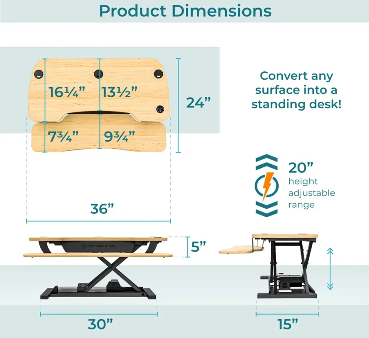 VersaDesk PowerPro® 36"W Electric Adjustable Standing Desk Converter, Maple