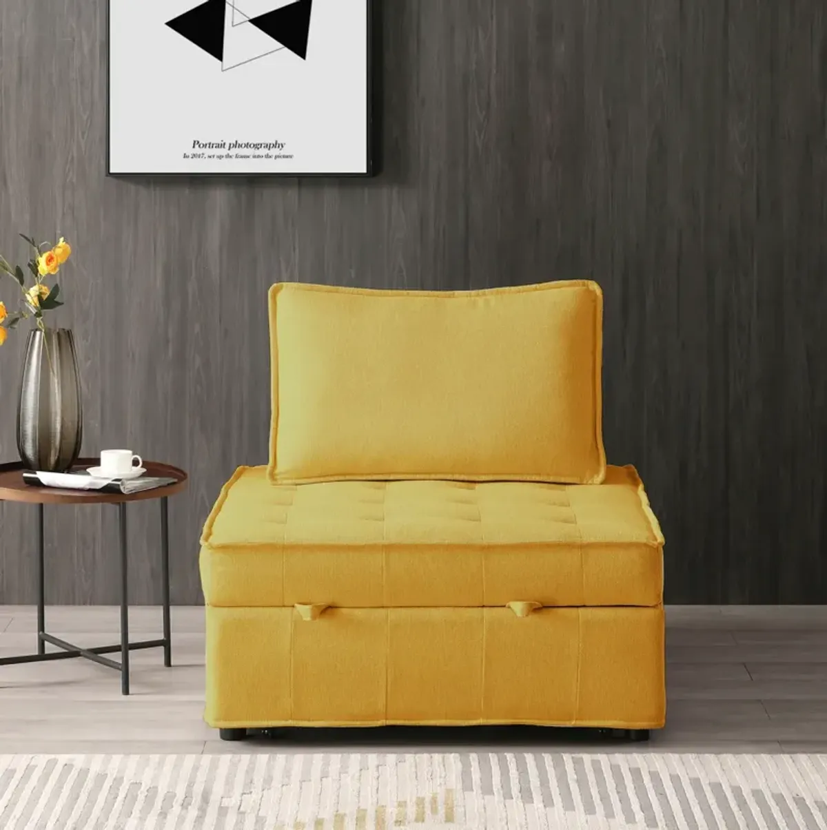 Multipurpose Linen Fabric Ottoman Lazy Sofa Pulling Out Sofa Bed (Yellow)