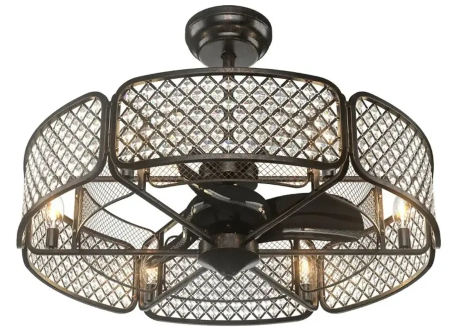 Hivvago 30 Inch Caged Ceiling Fan With Light Crystal Lampshade 6 Light Bases