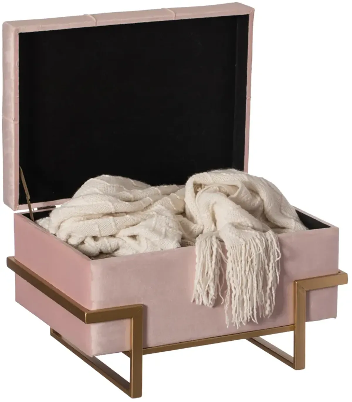 Large Tufted Minimalist Rectangular Velvet Storage Ottoman with Gold Metal Legs, Pink