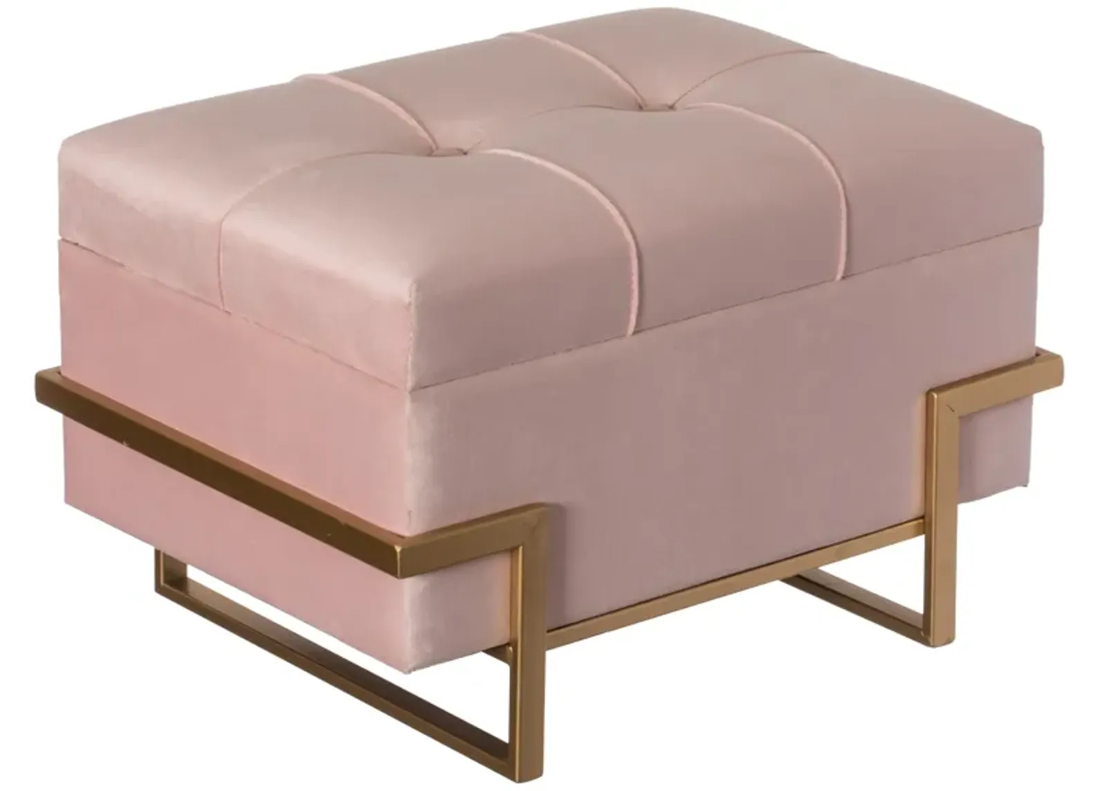 Large Tufted Minimalist Rectangular Velvet Storage Ottoman with Gold Metal Legs, Pink