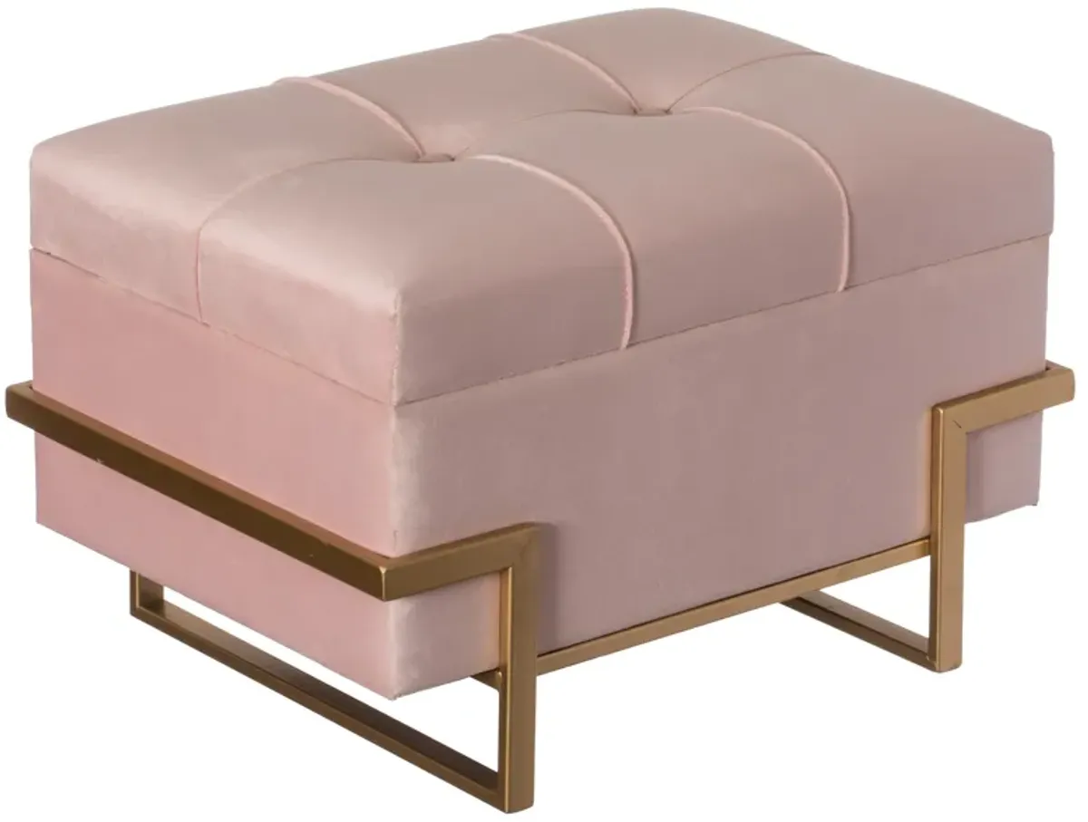 Large Tufted Minimalist Rectangular Velvet Storage Ottoman with Gold Metal Legs, Pink