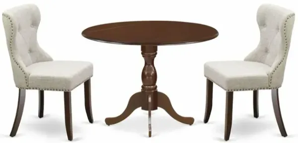 East West Furniture DMSI3-MAH-35 3 Piece Modern Dining Table Set - Mahogany Kitchen Table and 2 Doeskin Linen Fabric Dining Room Chairs Button Tufted Back with Nail Heads - Mahogany Finish