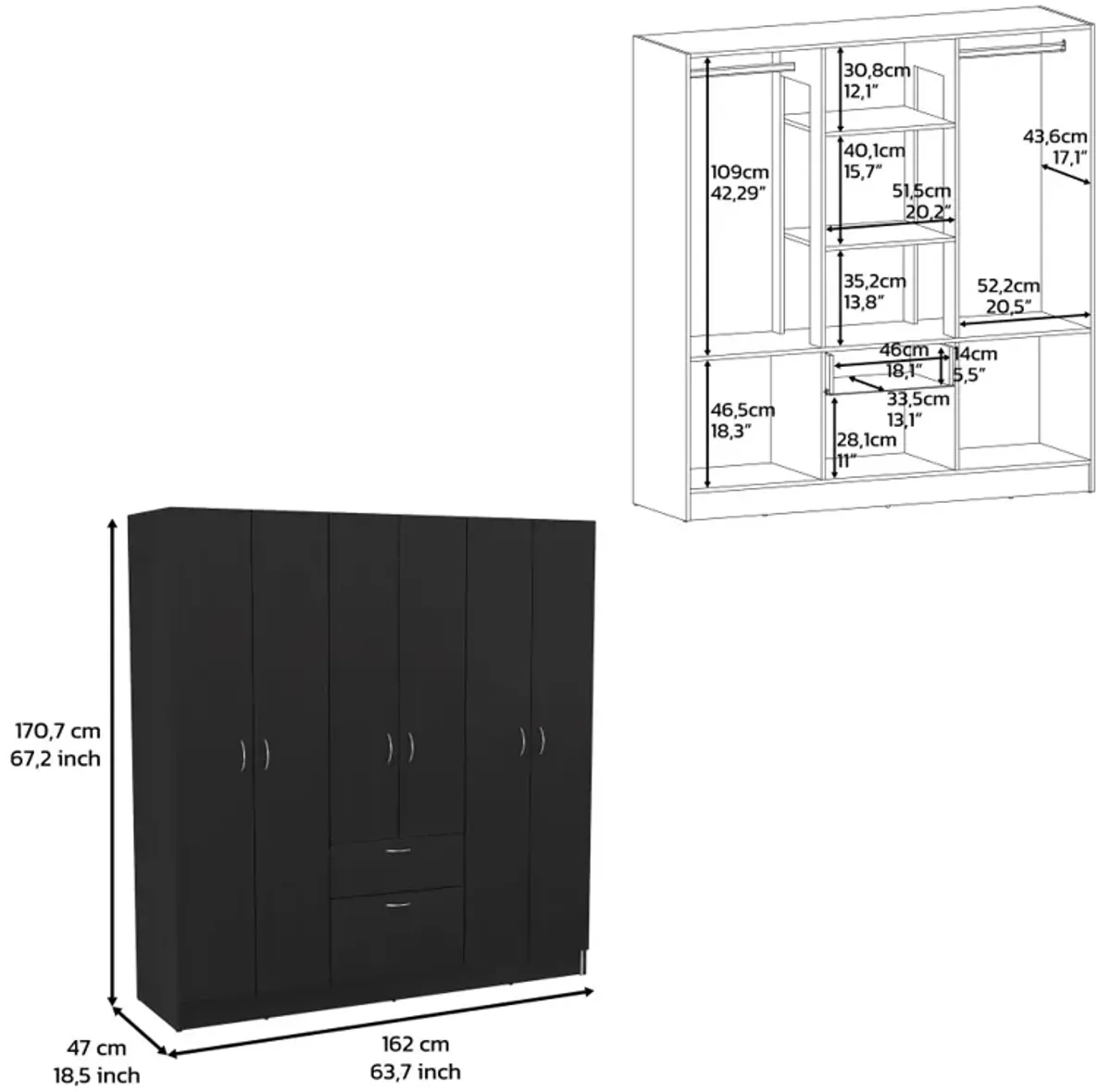 Six Doors Armoire Maya, Bedroom, Black / White