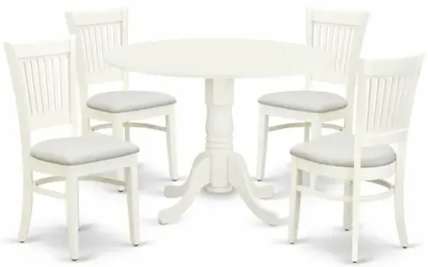 East West Furniture - DLVA5-LWH-C - 5-Piece Kitchen Table Set- 4 Dining Chairs with Linen Fabric Seat and Slatted Chair Back - Drop Leaves Dining Table - Linen White Finish