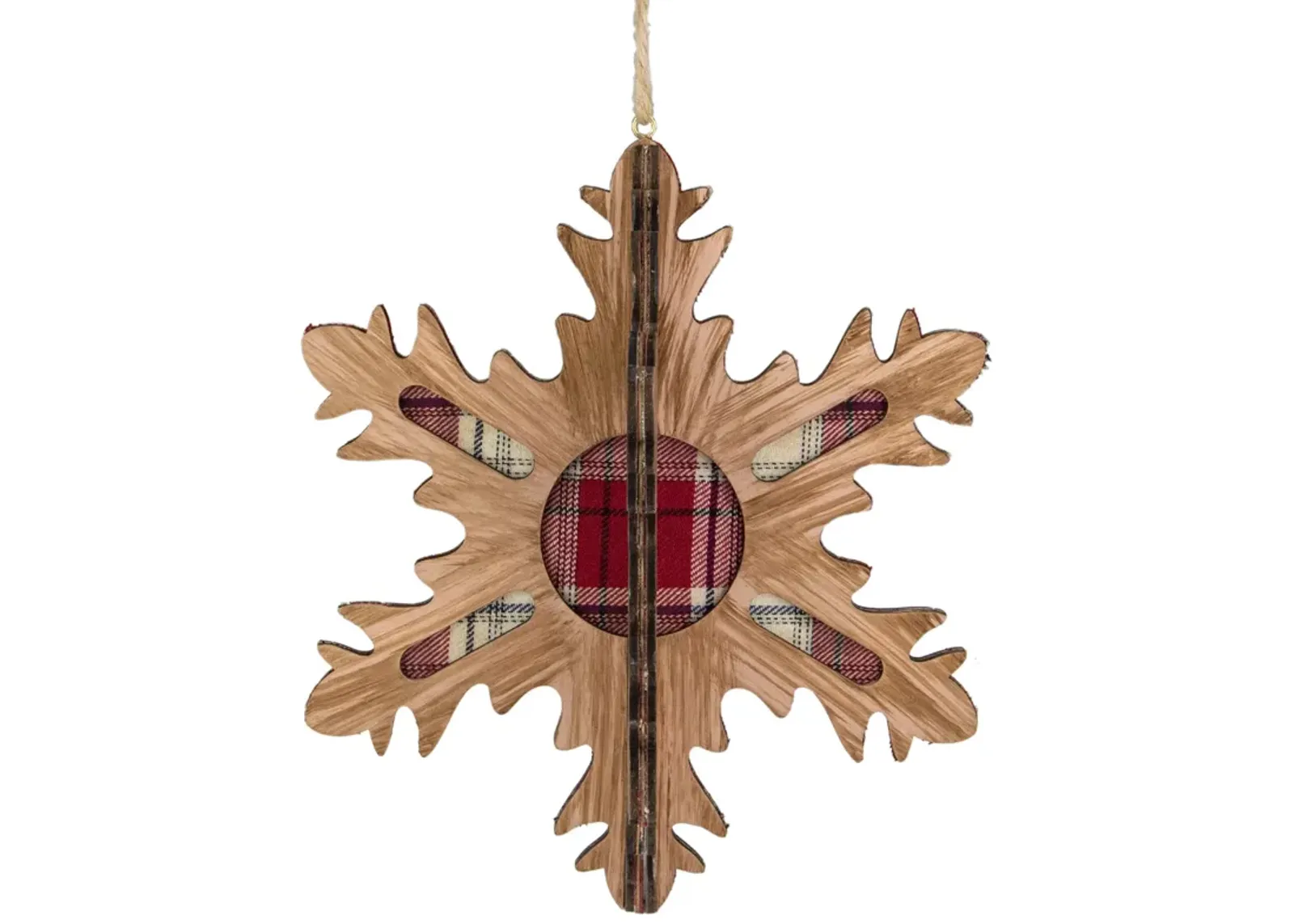 7-Inch 3-D Faux Wood and Red Plaid 10 Point Snowflake Christmas Ornament