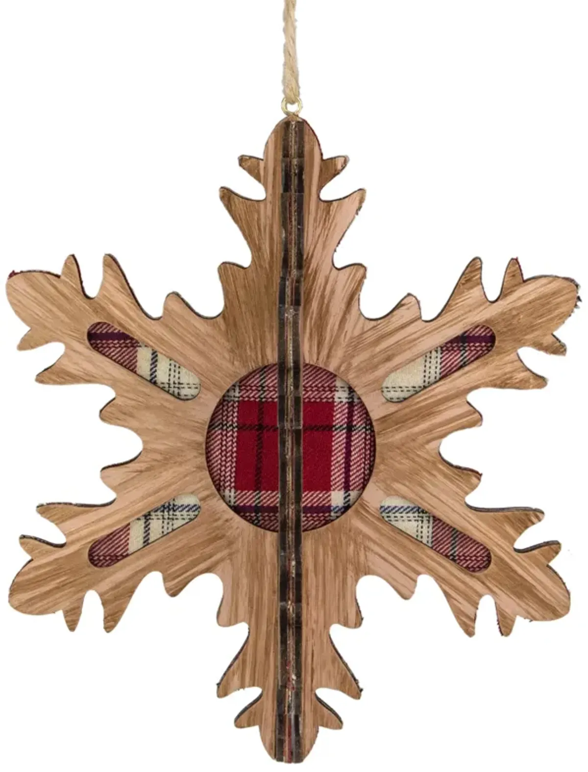 7-Inch 3-D Faux Wood and Red Plaid 10 Point Snowflake Christmas Ornament