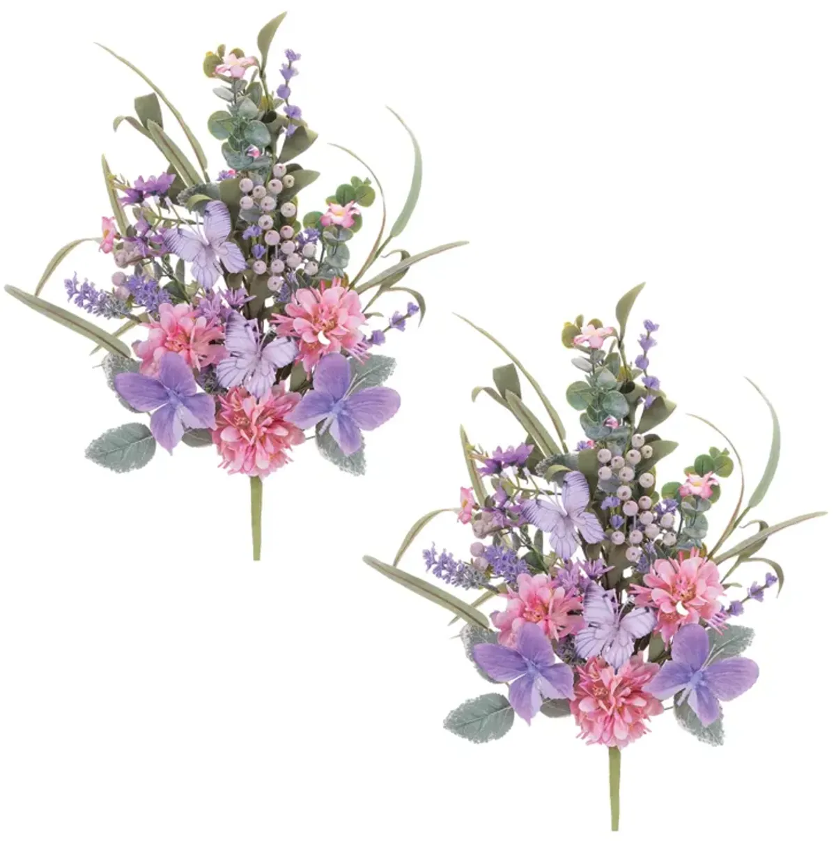 Set of 2 Decorative Flower and Butterfly Bushes for Tabletop or Entryway Decor