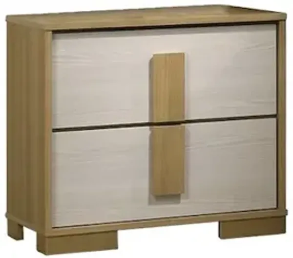 Beige two drawer wood bedroom nightstand