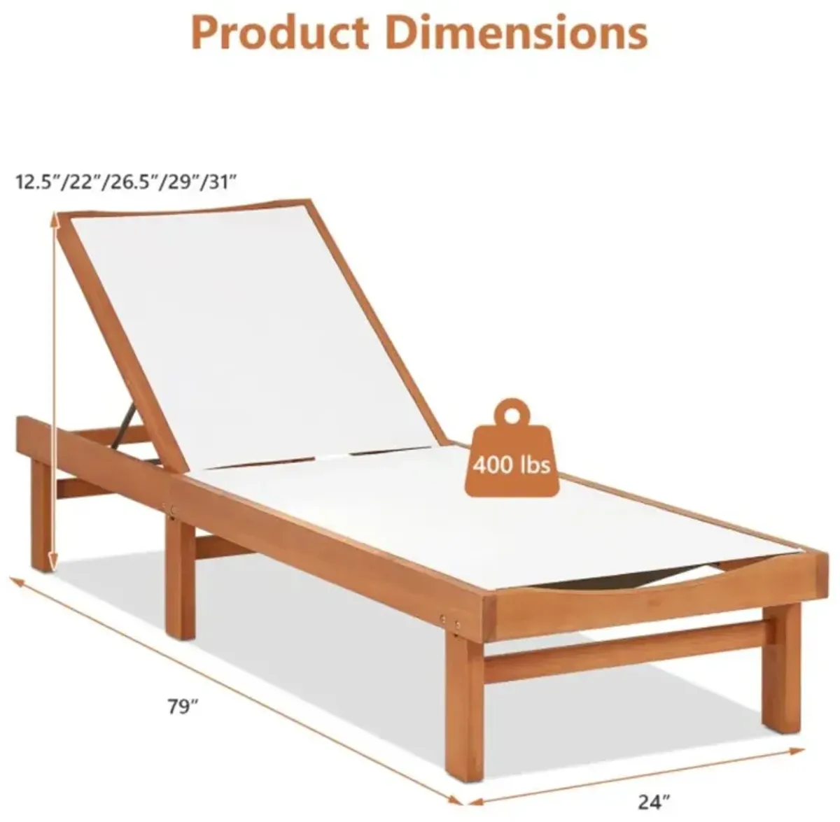 Hivvago Outdoor Wood Chaise Lounge Chair with 5-Postion Adjustable Back