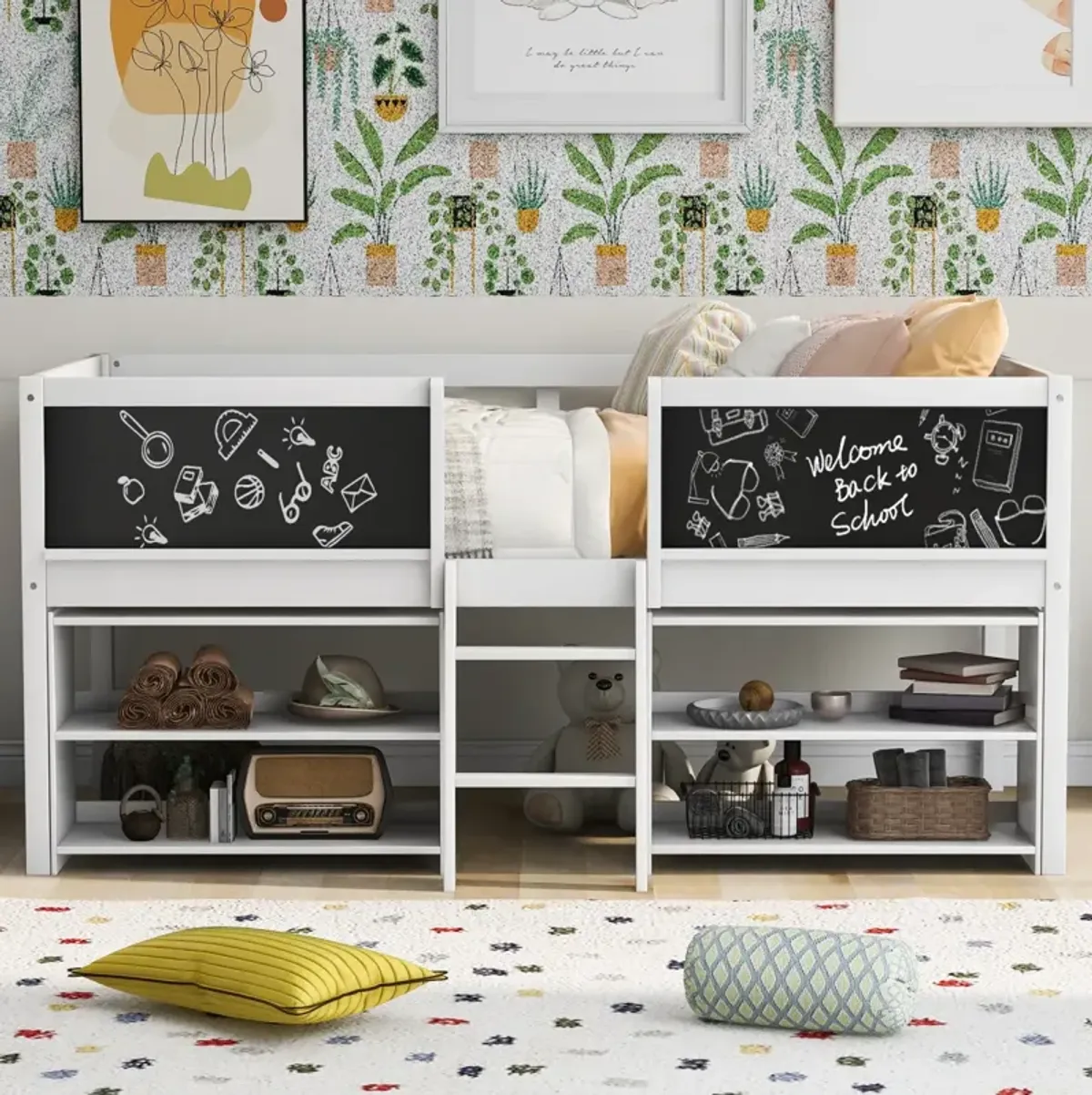 Loft bed with shelves, ladder, guardrail chalkboard