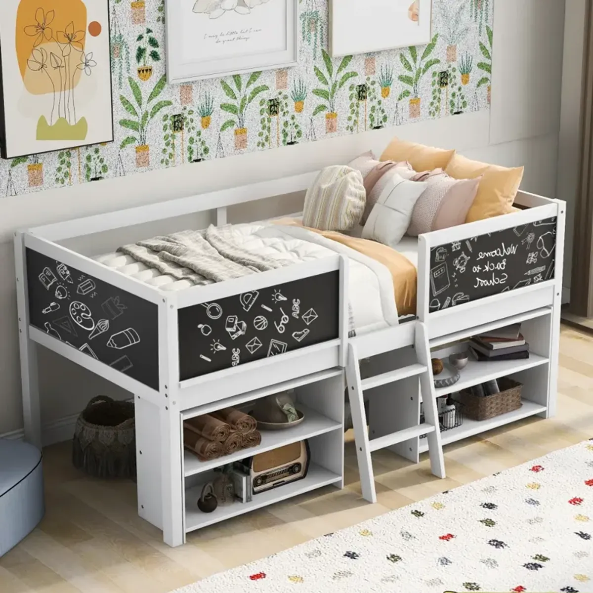 Loft bed with shelves, ladder, guardrail chalkboard