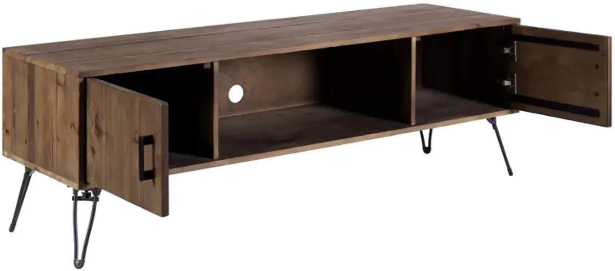 Clive 60 Inch Reclaimed Wood Rectangle Farmhouse TV Stand Media Console, 2 Doors, Iron Legs, Natural Brown-Benzara