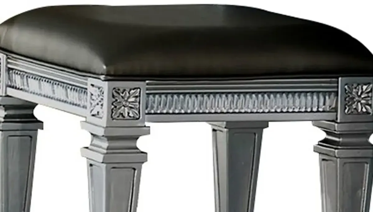 Wooden Vanity Stool wit Leatherette Seat and Faux Crystal Accents, Gray-Benzara